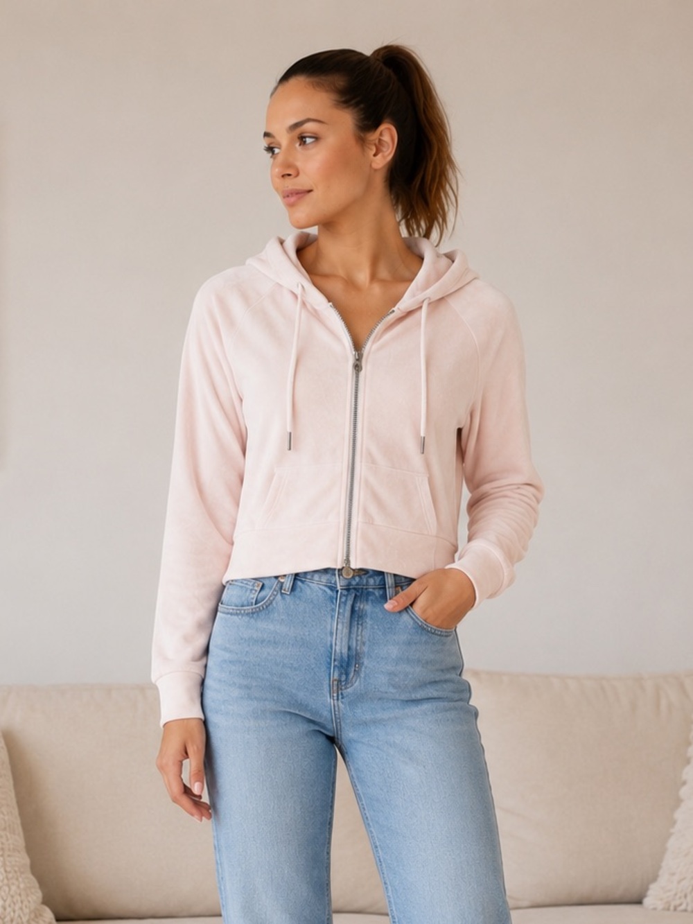 Velour Zip Up Hoodie Light Pink Velvet XS